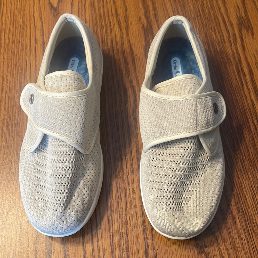 Ortho Shoes —Women’s Cream Slip-On Comfort Moccasins with Velcro strap.